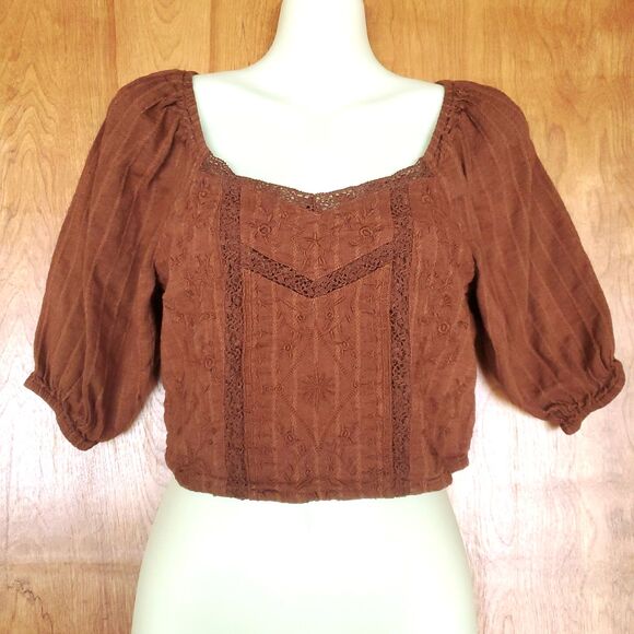 American Eagle Outfitters Tops - American Eagle Embroidered Crop Top Sz S Brown Boho Peasant Smocked Lace 3843